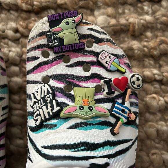 Crocs Classic Clogs Zebra Print w/ Jibbitz Charms –White Multicolor–W6 - Picture 2 of 13